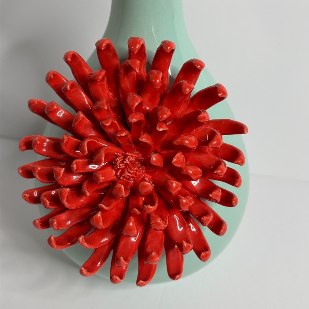 Anthropologie 3D Applied Chrysanthemum Vase Light Blue & Coral (approx 9.25โ) - Picture 3 of 16